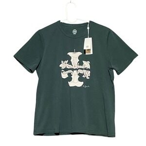 Tory Burch‎ Apple Graphic T-Shirt Large Green Cotton Crew Neck Short Sleeve NWT